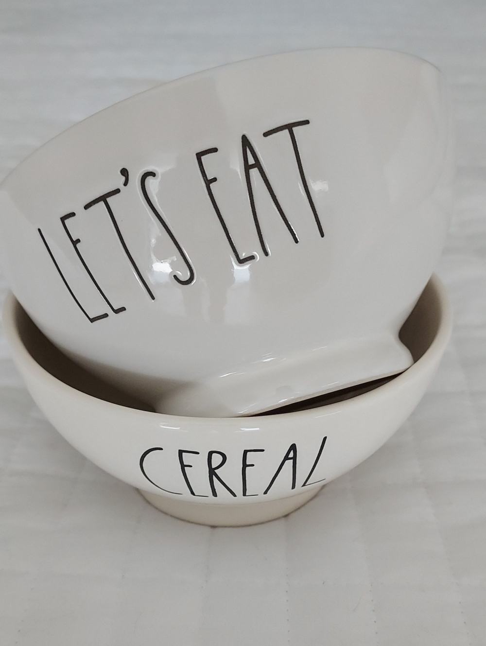 Rae Dunn White "Let's Eat" And "Cereal" Ceramic Bowls